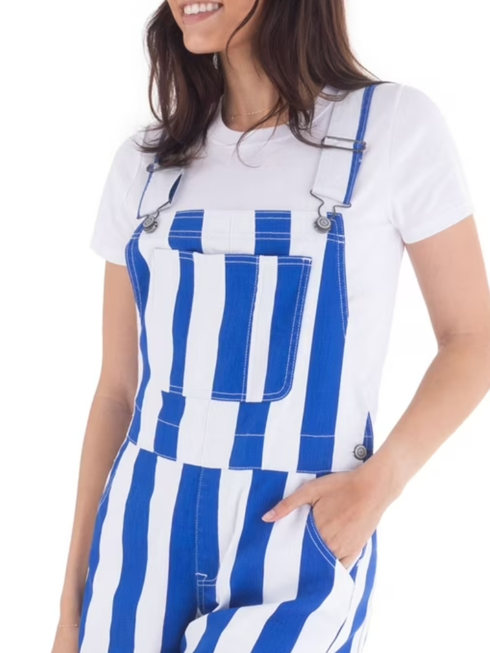 Blue & White Striped Women's Denim Overalls Shorts